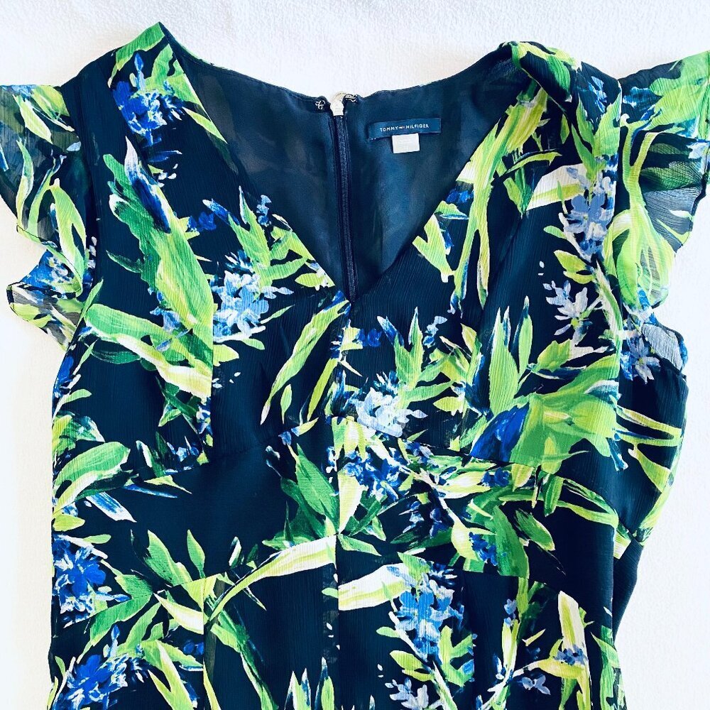 Tommy Hilfiger dress Women's 12 navy green floral high low ruffle feminine - Picture 5 of 14